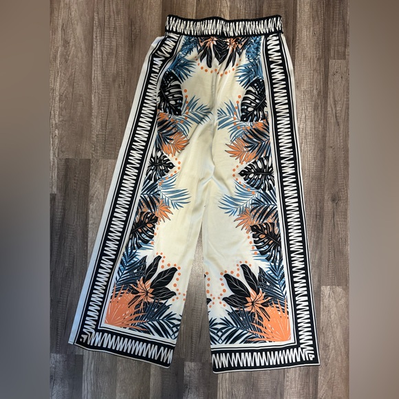 Joie Pants - Joie Silky Satin Tropical BoWide Leg Pull-On Flowy Pants Flat Front Black White